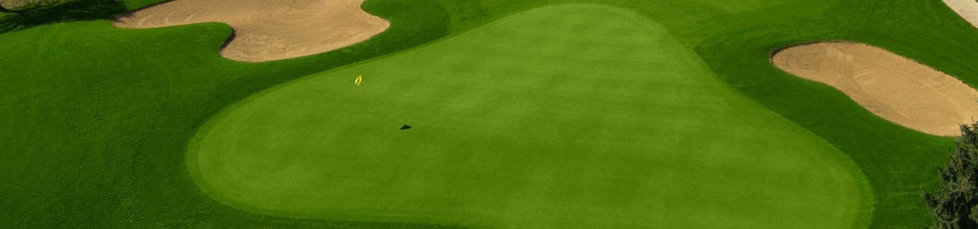 Aerial view of a golf green with a yellow flag, surrounded by neatly mowed grass and three sand bunkers.